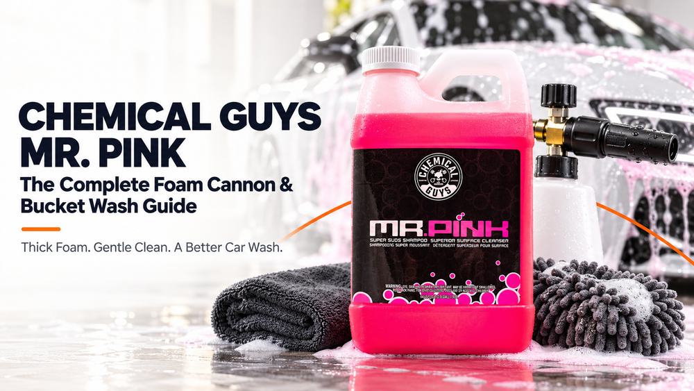 Chemical Guys Mr. Pink car wash soap with foam cannon beside a freshly washed car
