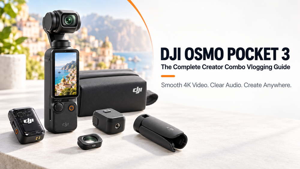 DJI Osmo Pocket 3 Creator Combo camera with DJI Mic 2, battery handle and creator accessories
