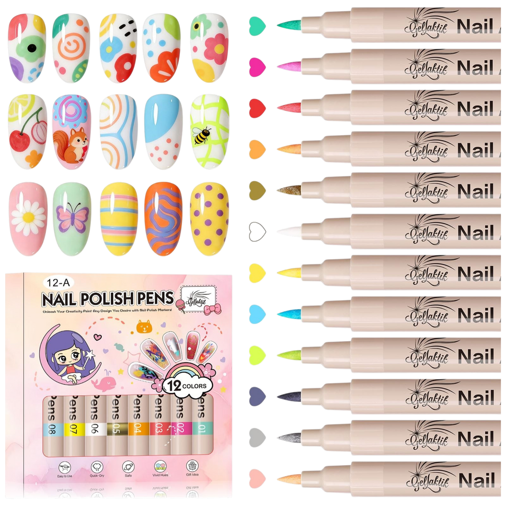 12 Colors 3D Nail Art Pens Set – Quick-Drying Acrylic Nail Paint Markers with Dotting & Liner Brush