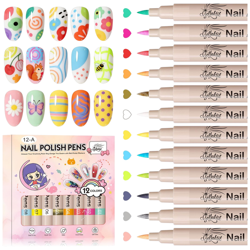 12 Colors 3D Nail Art Pens Set – Quick-Drying Acrylic Nail Paint Markers with Dotting & Liner Brush