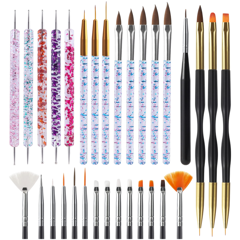 Artdone 31PCS Nail Art Brushes & Tools Set – Dotting Tools, Striping Brushes & Dust Brush